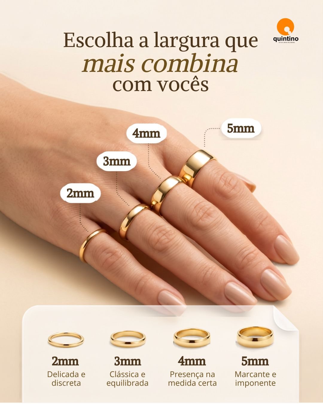 Guia de larguras de alianças de casamento: 2, 3, 4 e 5 milímetros